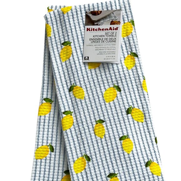 KitchenAid 2 Pc Kitchen Dish Towel Set Citrus Lemons Striped 100% Cotton NWT - Picture 1 of 3
